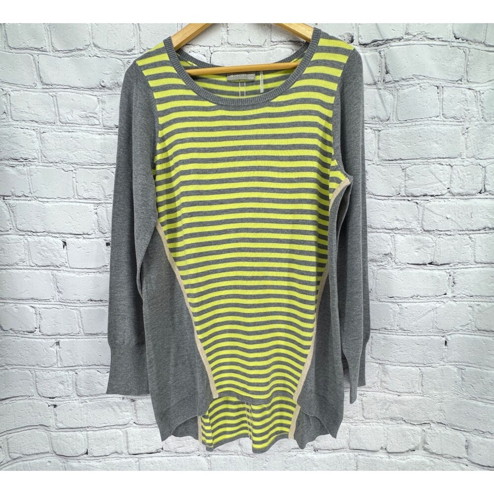 Evolution by Cyrus Sweater Women's L Gray and Green Stripe Tunic Lightweight LS